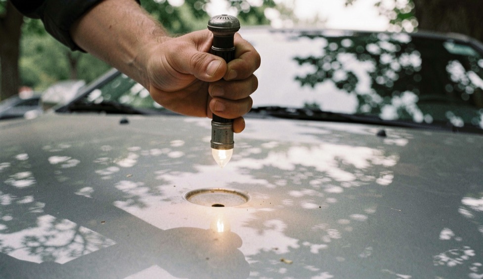 A hand holds a small lit torch just above the bonnet of a grey car, with the shadows of plane tree leaves scattered across the paint.