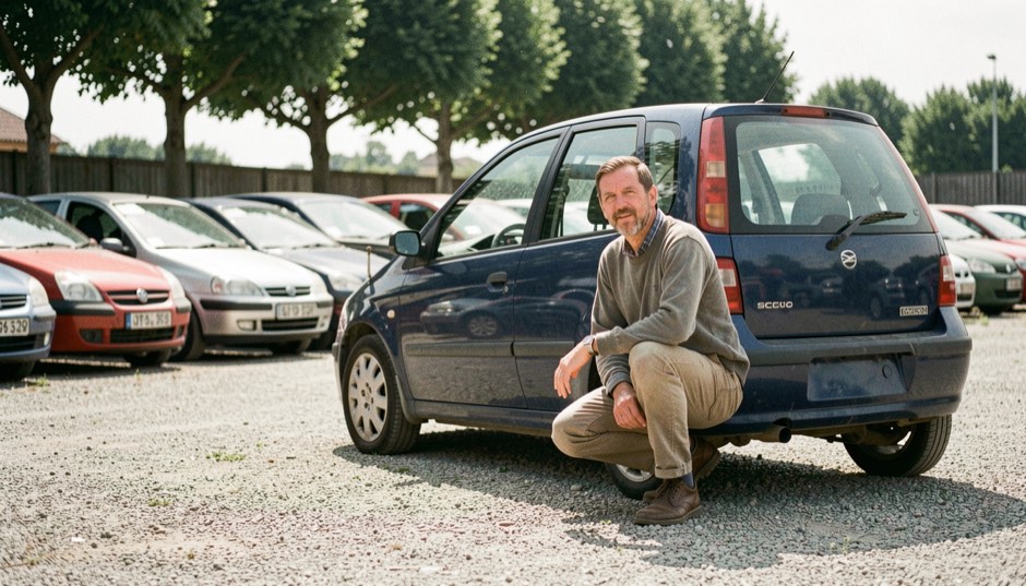 A man in casual clothes crouches beside a dark blue compact hatchback on a sunlit gravel lot, with rows of parked used cars and plane trees behind him.