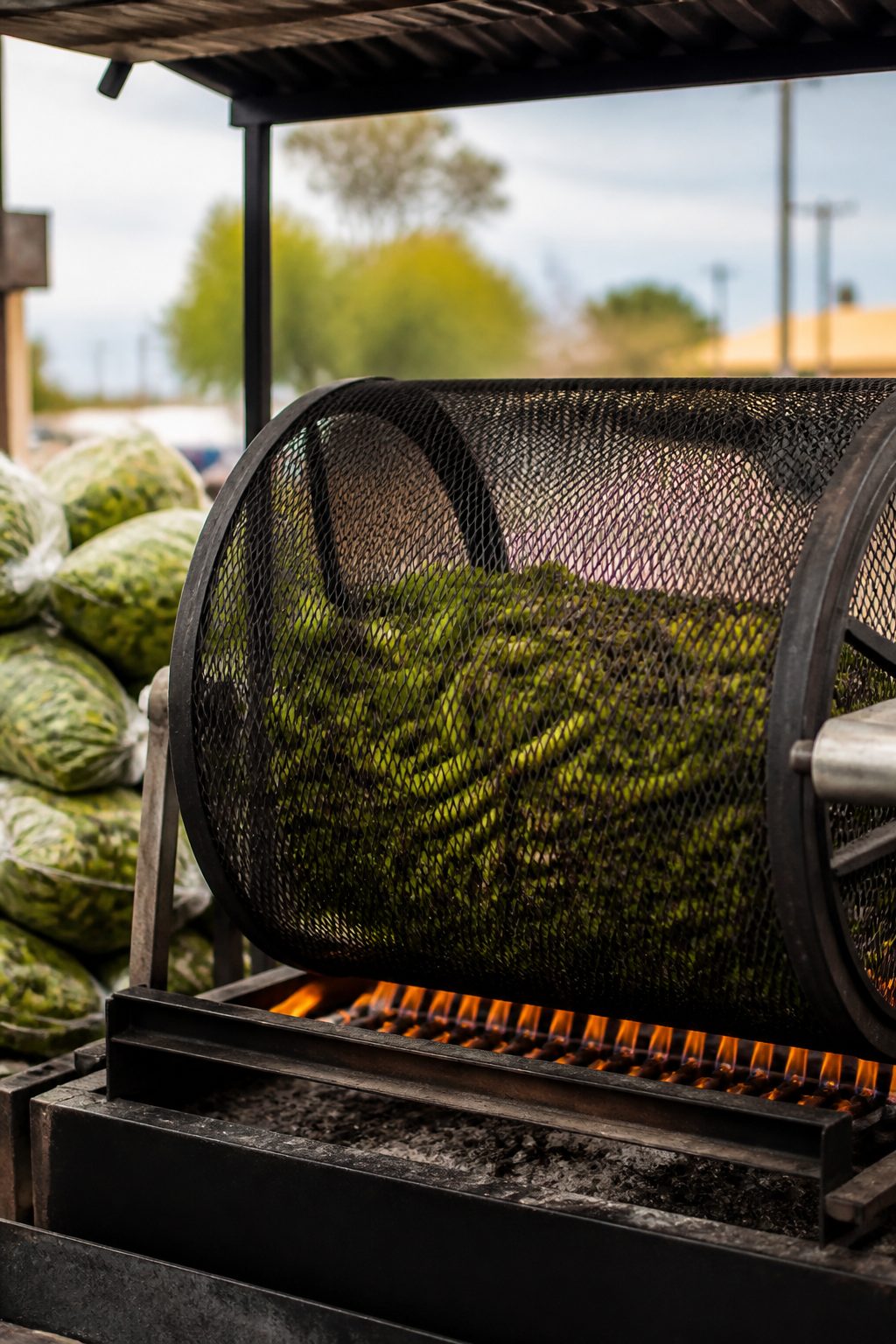 A rotating wire drum roasting green chiles over a row of gas flames at a roadside stand, blistered pods tumbling inside and full sacks stacked alongside