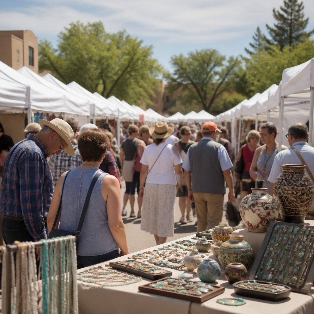 White canopy booths filling a plaza on a bright August morning, with pottery and jewellery laid out on tables and crowds moving between the rows