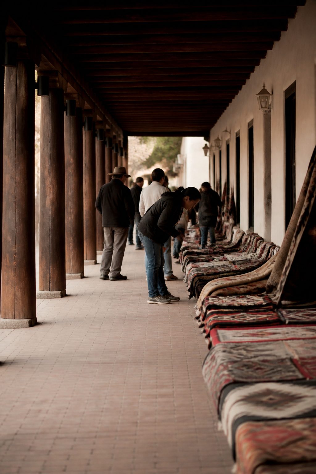 The long shaded portal of the Palace of the Governors with blankets laid out on the walkway and buyers stopping to look