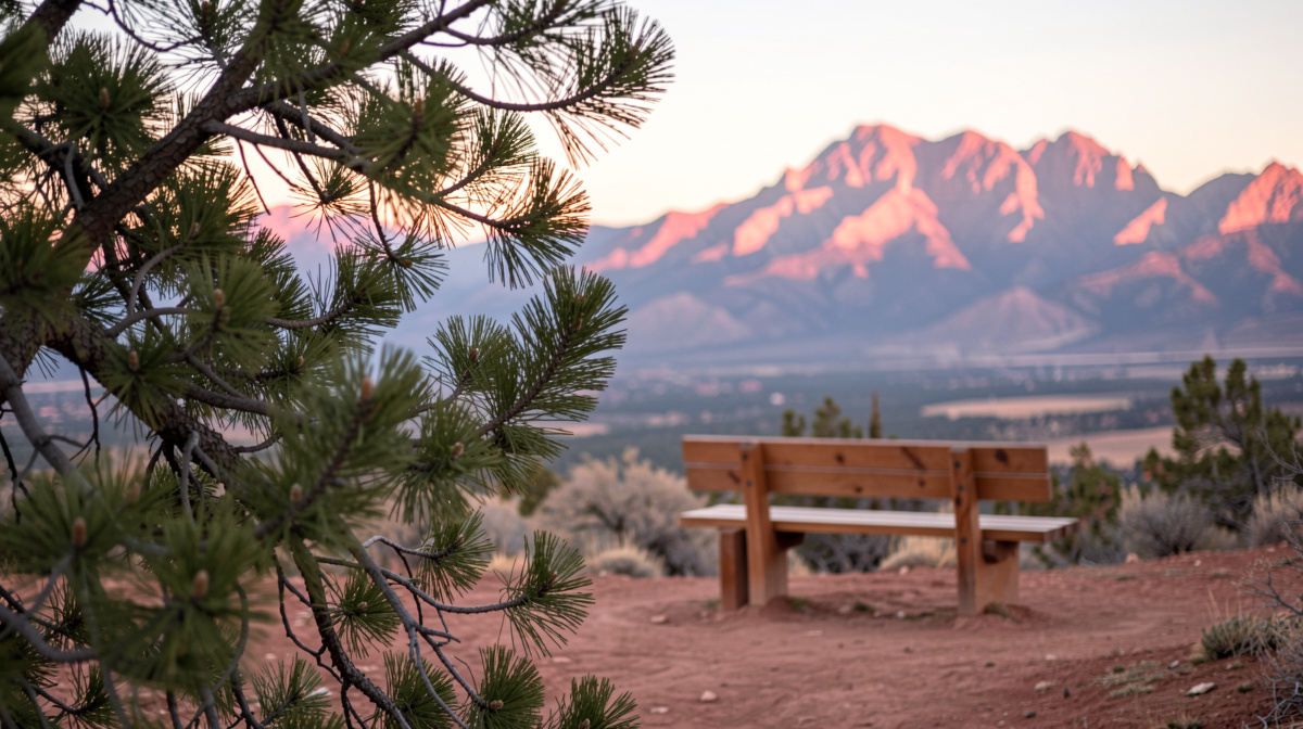 A wooden bench on a dirt trail above Santa Fe at dawn, with piƱon branches in the foreground and soft pink light on the Sangre de Cristo mountains.