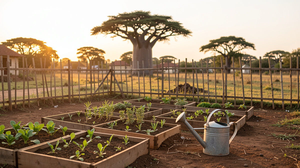A fenced village garden at golden hour in Senegal, wooden beds of young vegetables, a metal watering can resting on the soil, a baobab on the horizon, low warm light from the left, medium wide shot.