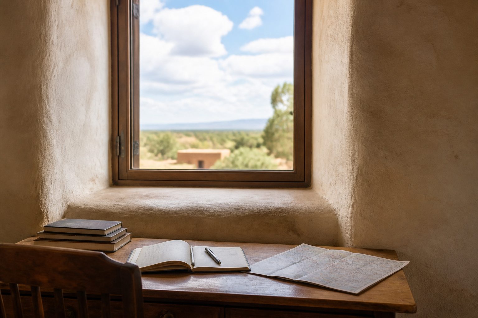 A wooden writing desk set against a deep-set window in a thick adobe wall, with open notebooks and a folded paper map on it and bright sky outside